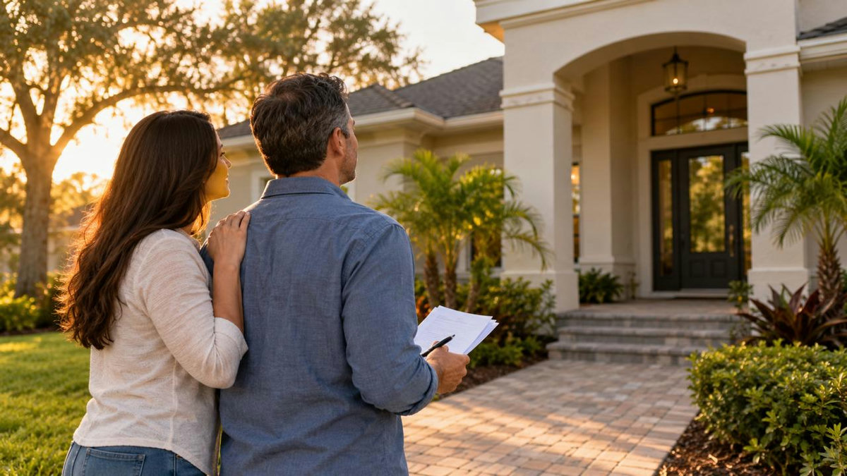 A couple standing together outside a home with palm trees in the warm light of late afternoon, the man holding papers and a pen