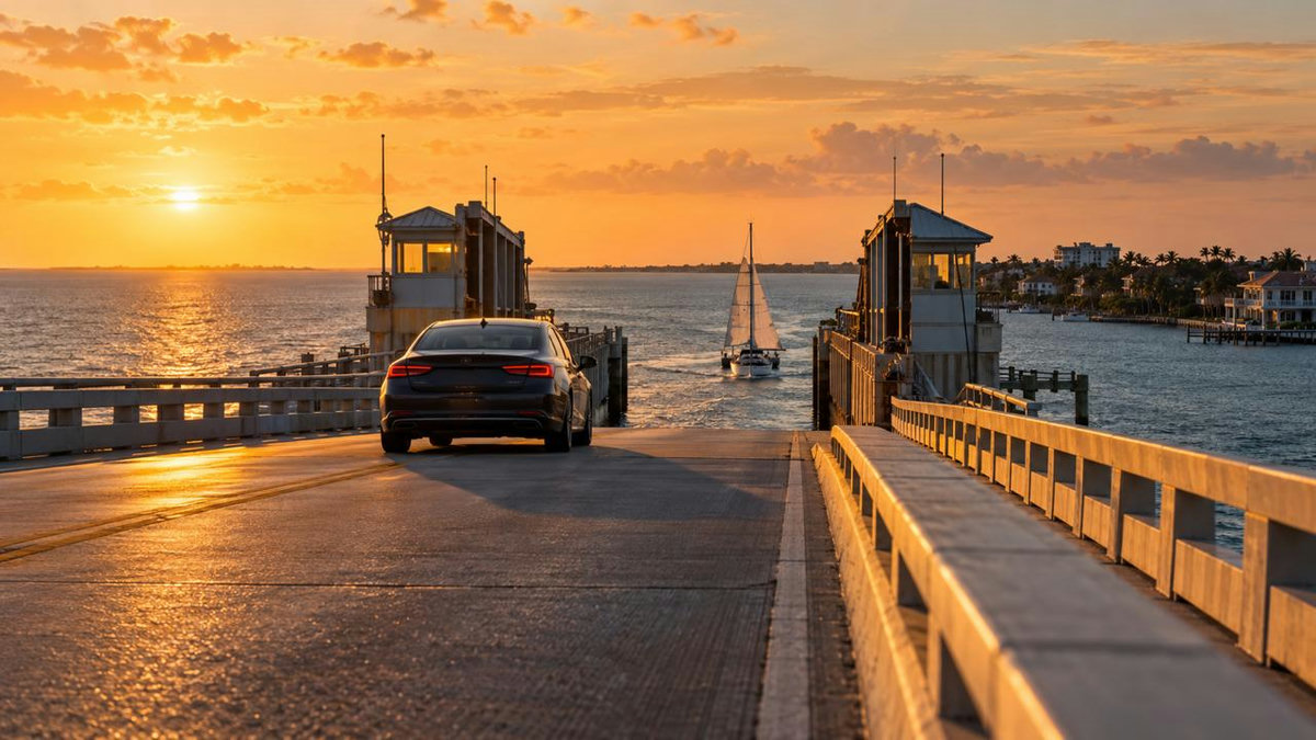 A mobile notary's car crossing a low bascule drawbridge onto a Sarasota County barrier island at golden hour, Gulf water visible on both sides