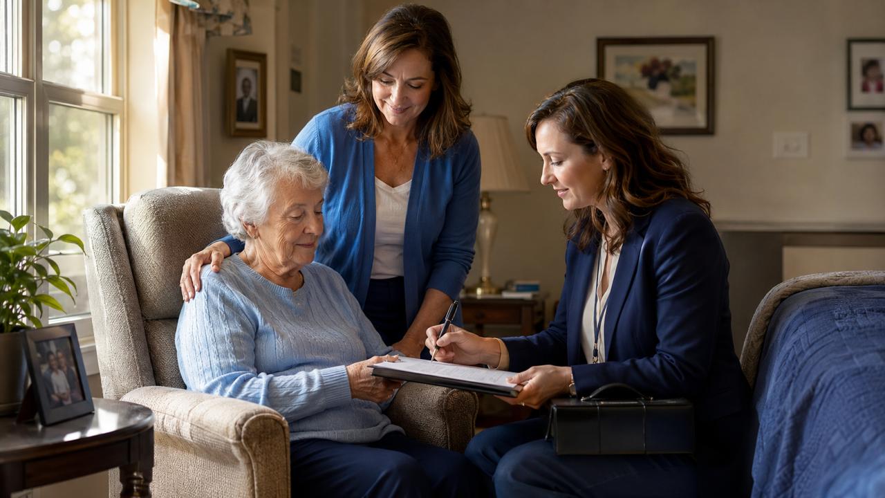 A mobile notary reviewing a document with an elderly woman in an armchair while her adult daughter looks on supportively