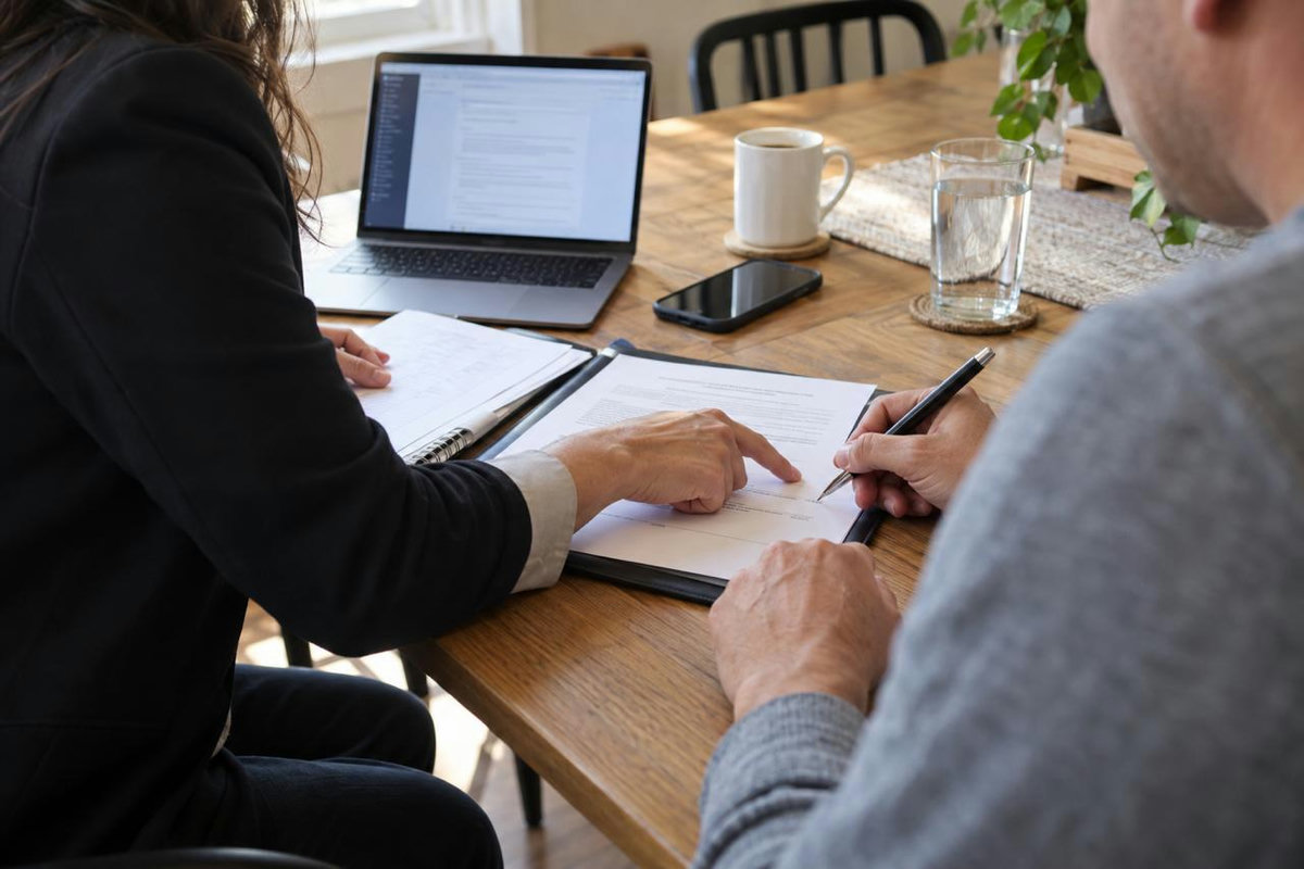 A notary pointing to a signature line on a document while a client signs at a table in a Hillsborough County home