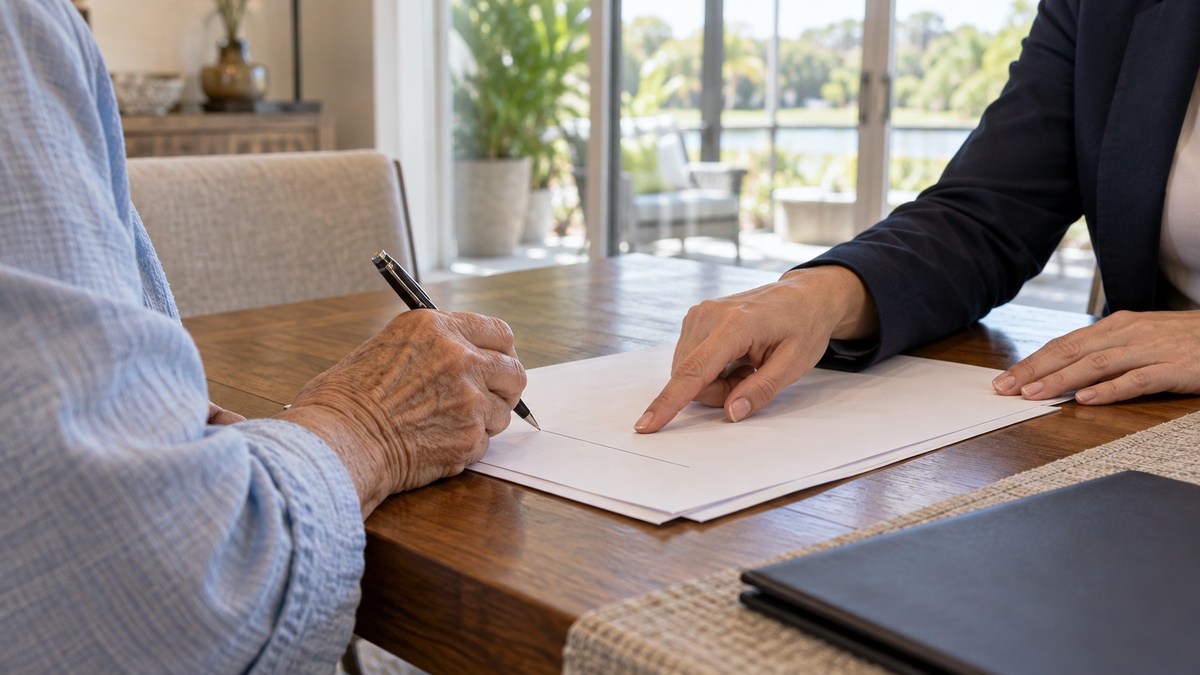 AI-generated home signing scene showing hands, a pen and blank documents; not a real client appointment.