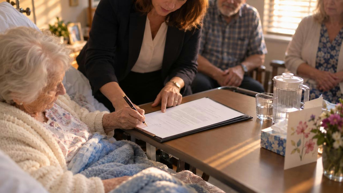 A mobile notary at a Manatee County nursing home bedside table, guiding a resident's hand to make a signature mark on a document while two witnesses look on, soft afternoon light