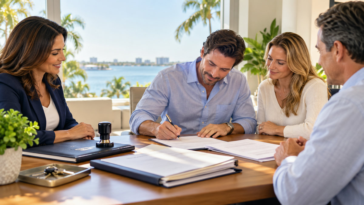 A notary signing agent and a couple reviewing and signing real estate closing documents at a table, with a notary stamp nearby and a coastal Pinellas County view with palm trees in the background